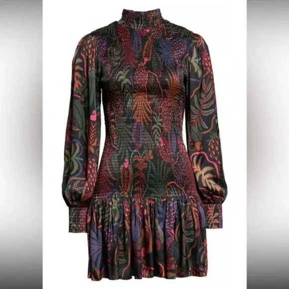 Farm Rio Frutis Dream Print Long Sleeve Black Smocked Mini Dress. SZ S - Picture 3 of 6